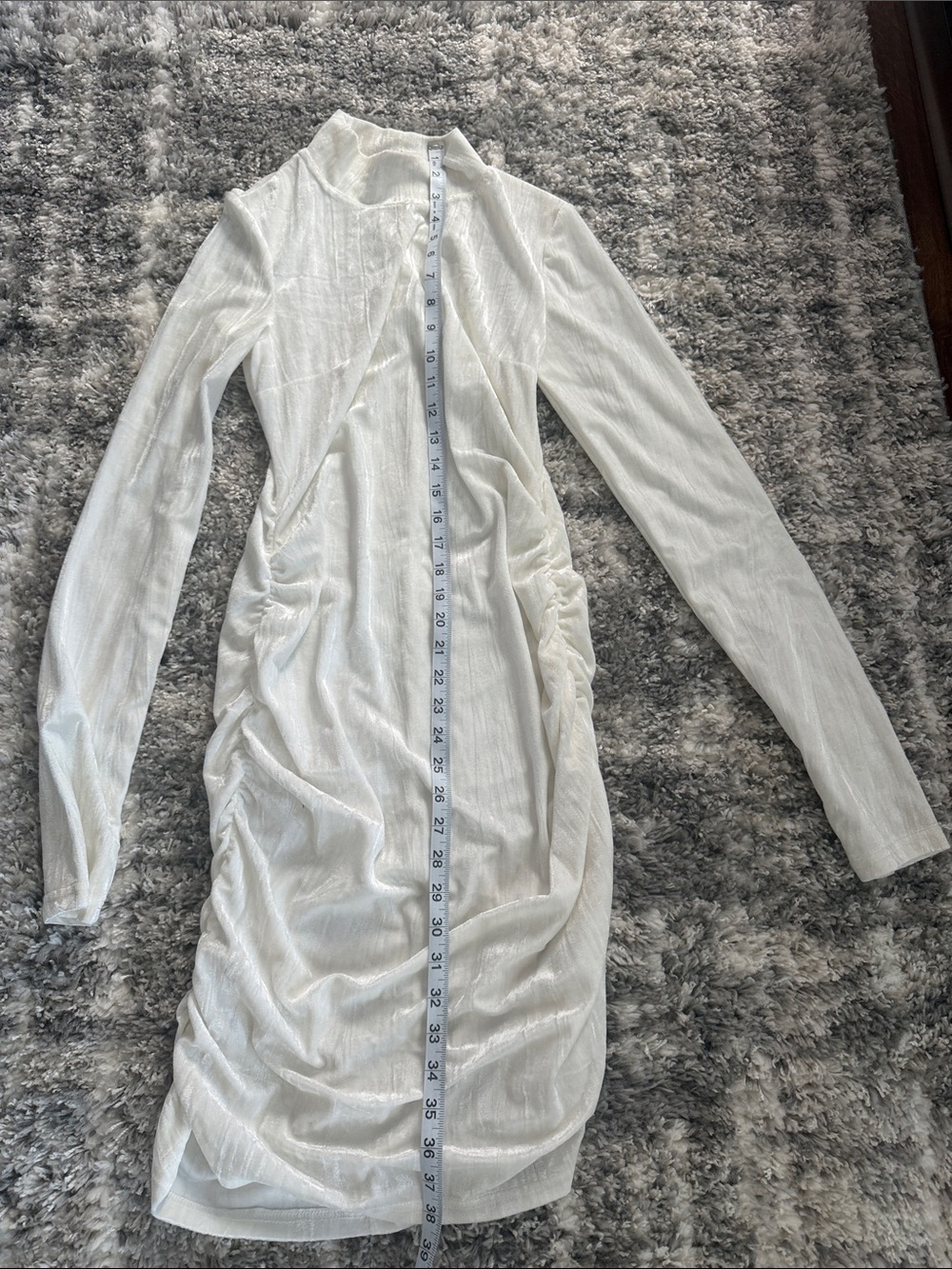 Long Sleeve White Ruched Mock Neck Dress